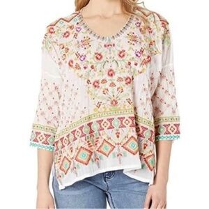 Johnny Was Blouse White Heavily Embroidered Sandra Collection Boho Chic Floral L